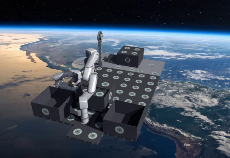 Robotic arm placing an Elogium block into a structure under assembly