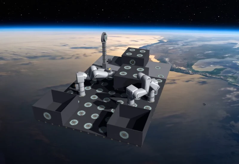 Two robotic arms assembling Elogium blocks on a structure in orbit